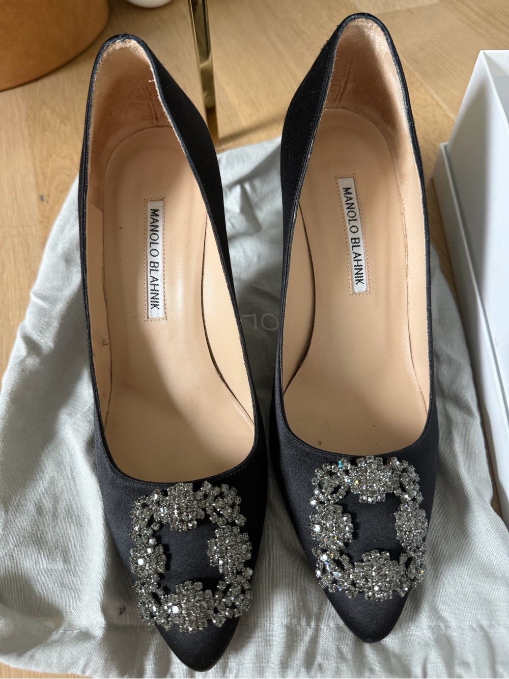 Manolo Blahnik Black Satin Pointed Crystal Buckle Pumps